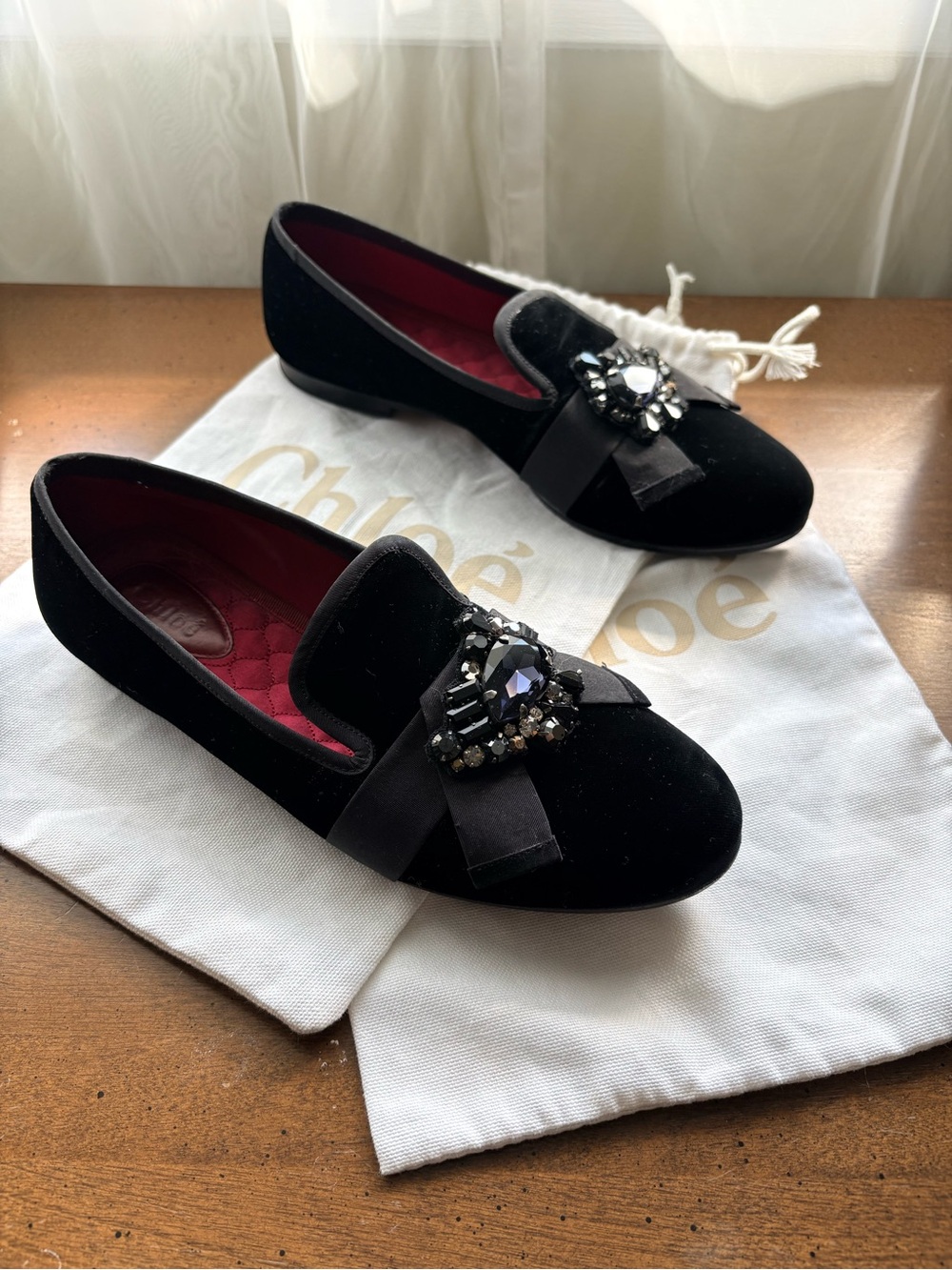 Chloe Black Velvet Jeweled Bow Loafers